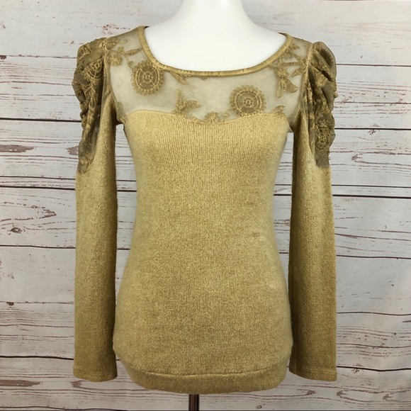 Vintage Sweaters - Vintage Angora Mustard Lace Puffy Sleeve Sweater